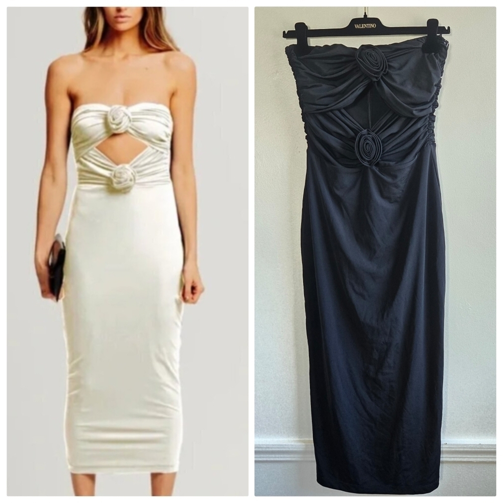New Torn by Ronny Kobo Selena Strapless Cutout Rosette Bodycon Black Midi Dress